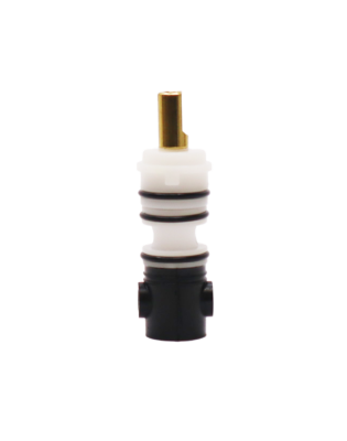 White plastic cartridge with black rubber boot black rubber o-rings and bright brass stem.