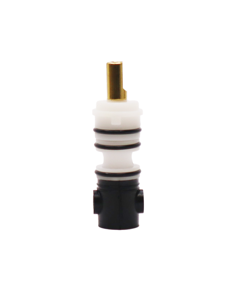 White plastic cartridge with black rubber boot black rubber o-rings and bright brass stem.