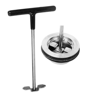 Polished metal tool with black rubber handle.
