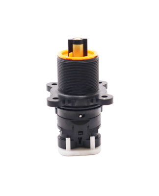 Black plastic cartridge with orange limit stop brass stem with black rubber seals.