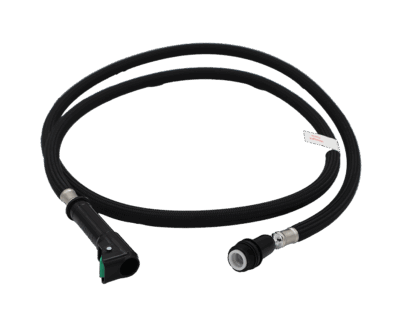 Black braided nylon hose with black plastic connections with green quick release clips.