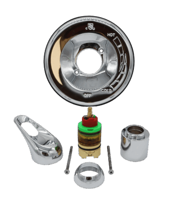 Chrome escutcheon hand and screws with a red green tan cartridge with black oring and blue bottom seal.