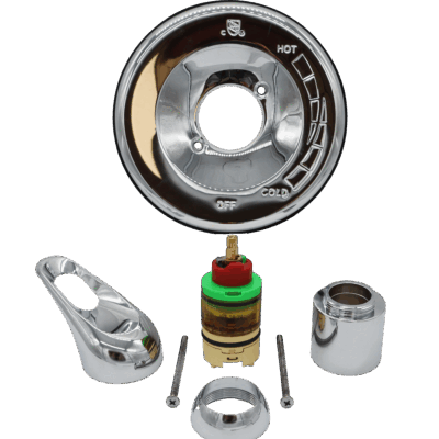 Chrome escutcheon hand and screws with a red green tan cartridge with black oring and blue bottom seal.