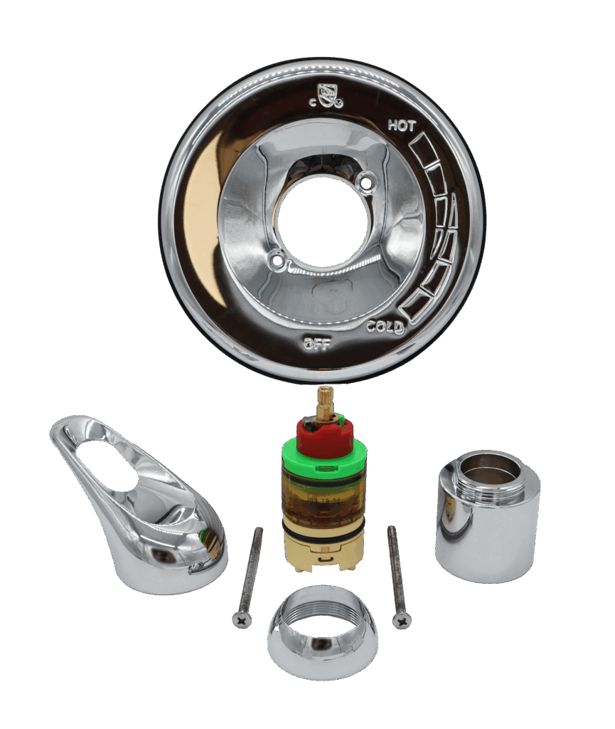 Chrome escutcheon hand and screws with a red green tan cartridge with black oring and blue bottom seal.