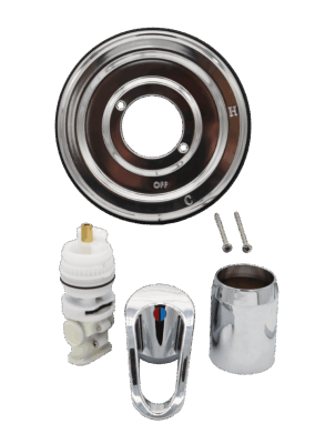 Polished chrome escutcheon handle sleeve with whitw plastic cartridge with brass stem and stainless screws.