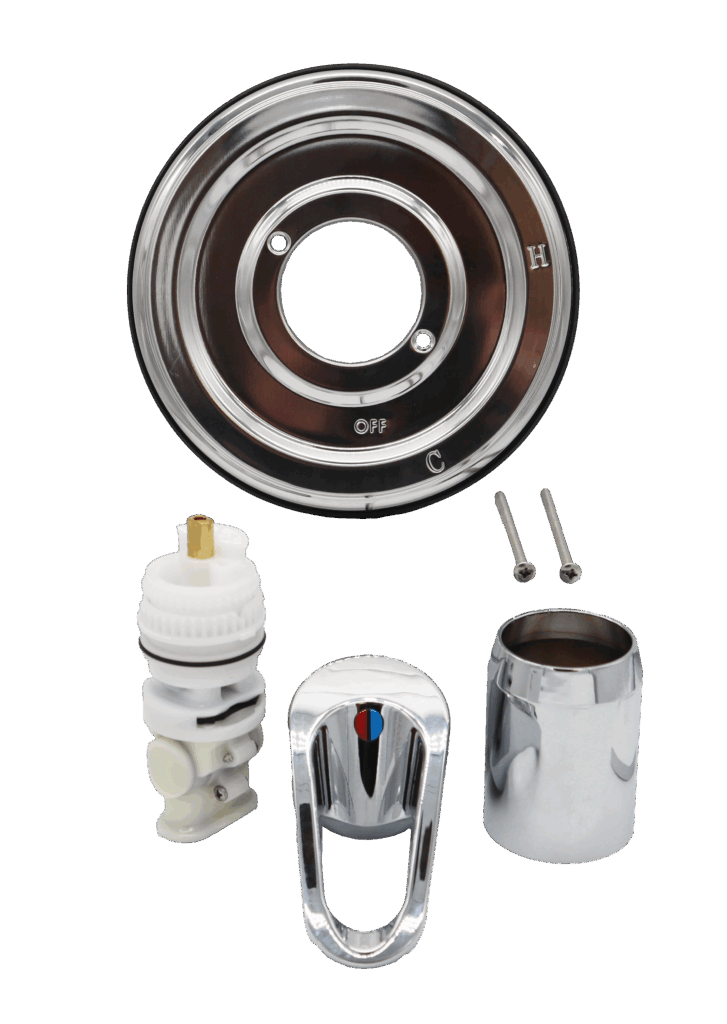 Polished chrome escutcheon handle sleeve with whitw plastic cartridge with brass stem and stainless screws.
