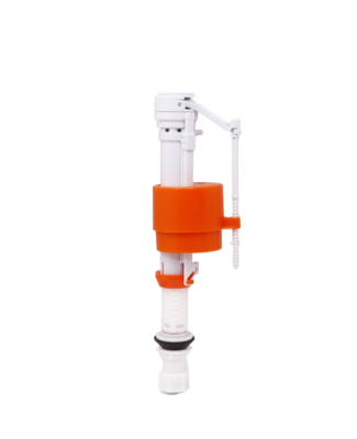 White plastic flush valve with orange float and stop with black rubber washer.