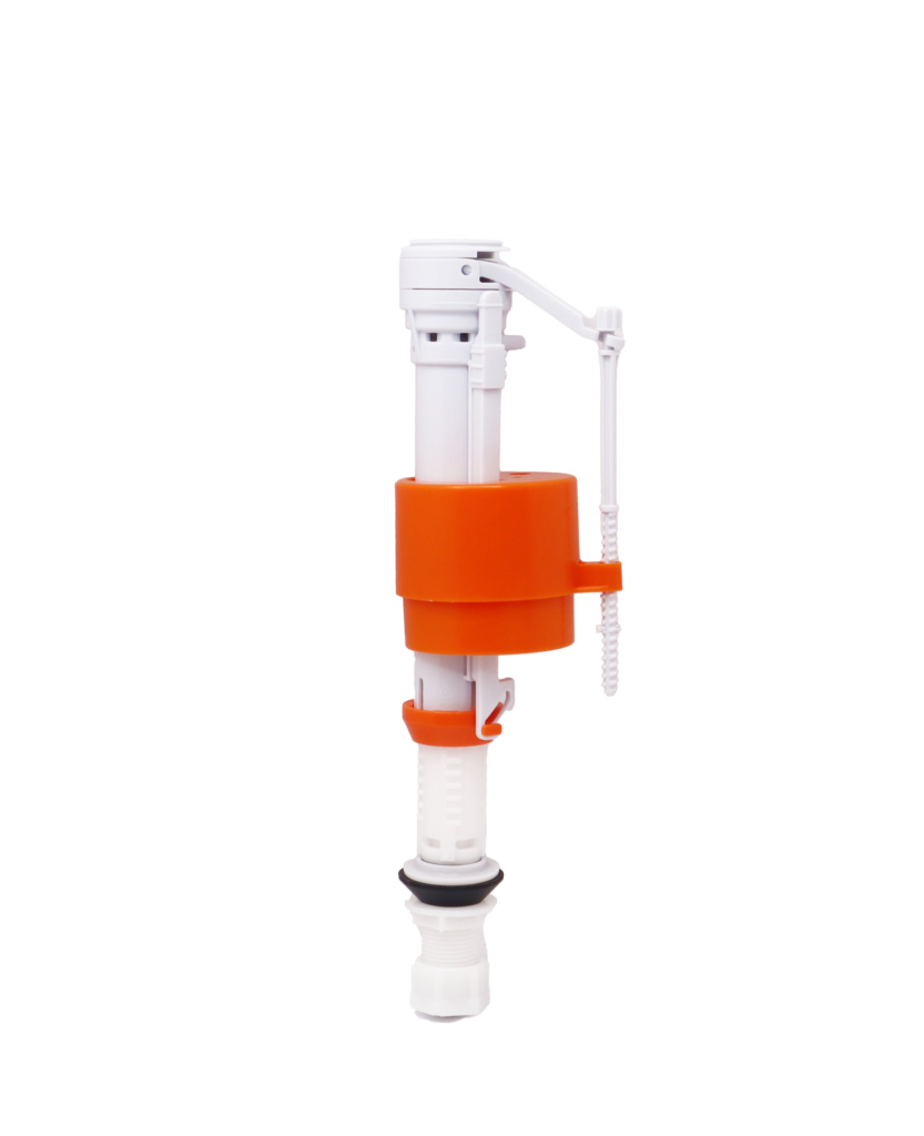 White plastic flush valve with orange float and stop with black rubber washer.