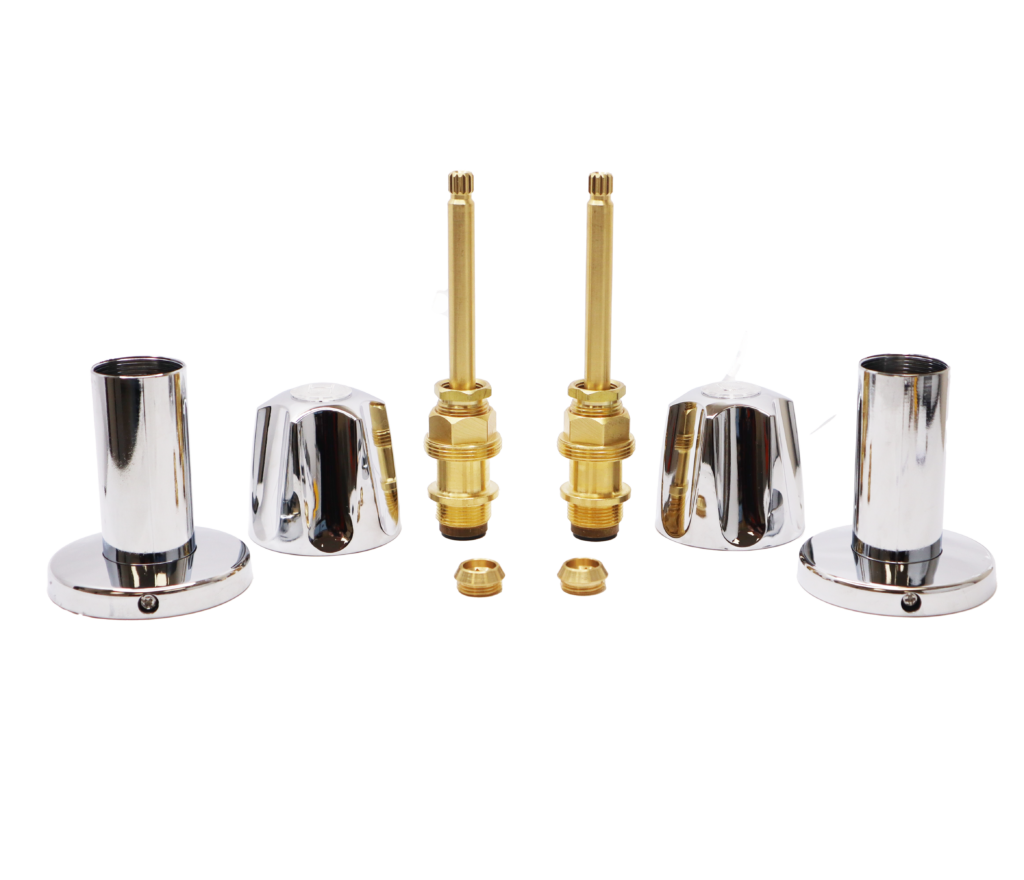 Bright brass stems and seats with polished chrome handles and escutcheons.
