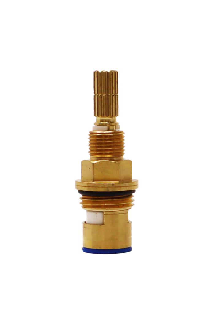 Bright brass cartridge with black oring white ceramic discs and blue bottom washer.
