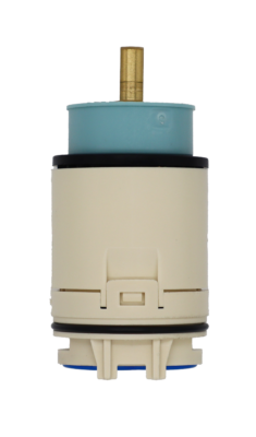 Tan plastic cartridge with aqua color limit stop brass stme black rubber o-ring and blue bottom rubber gasket.