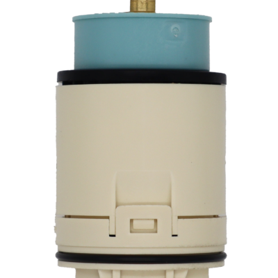 Tan plastic cartridge with aqua color limit stop brass stme black rubber o-ring and blue bottom rubber gasket.