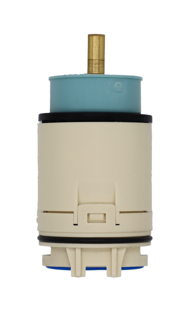 Tan plastic cartridge with aqua color limit stop brass stme black rubber o-ring and blue bottom rubber gasket.