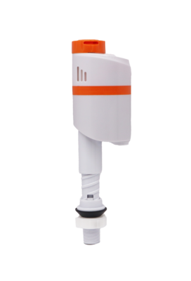 White plastic flush valve with orange a cap and black rubber washer.