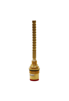 Bright brass cartridge with long brass stem white ceramic discs black oring and red bottom seal.