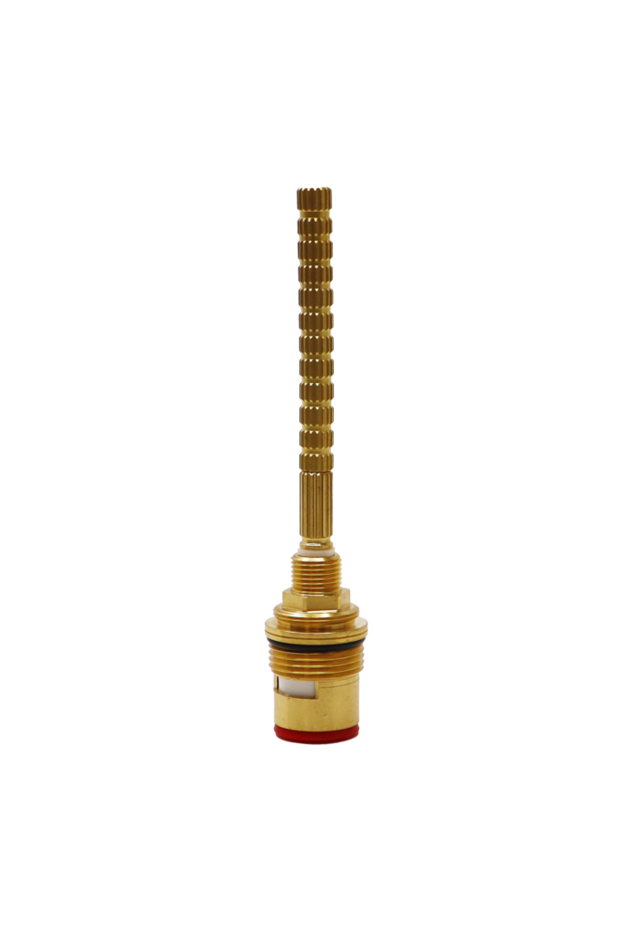 Bright brass cartridge with long brass stem white ceramic discs black oring and red bottom seal.