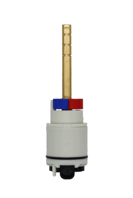 White cartridge body with long brass stem handle connection with black rubber o-ring and black rubber bottom.