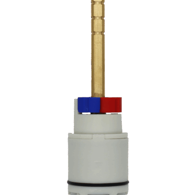 White cartridge body with long brass stem handle connection with black rubber o-ring and black rubber bottom.