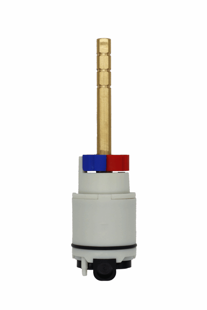 White cartridge body with long brass stem handle connection with black rubber o-ring and black rubber bottom.
