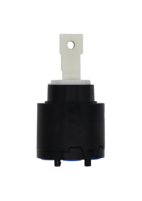 Black plastic cartridge with white square handle connection blue rubber seal and 3 mounting pins.