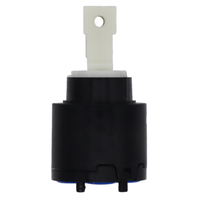 Black plastic cartridge with white square handle connection blue rubber seal and 3 mounting pins.