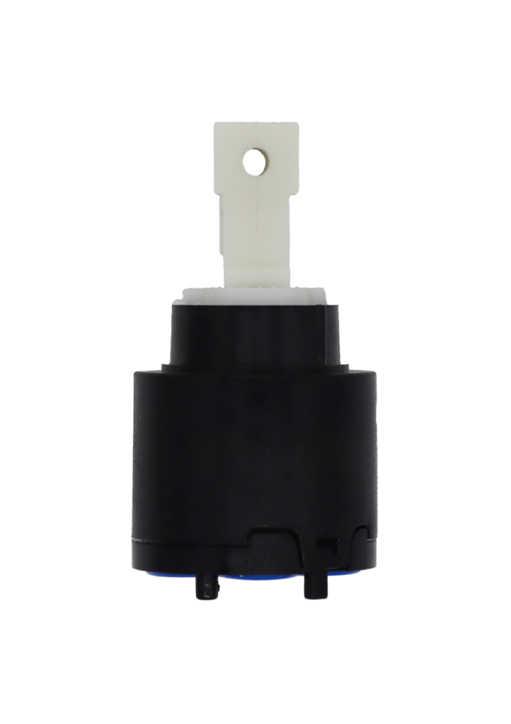 Black plastic cartridge with white square handle connection blue rubber seal and 3 mounting pins.