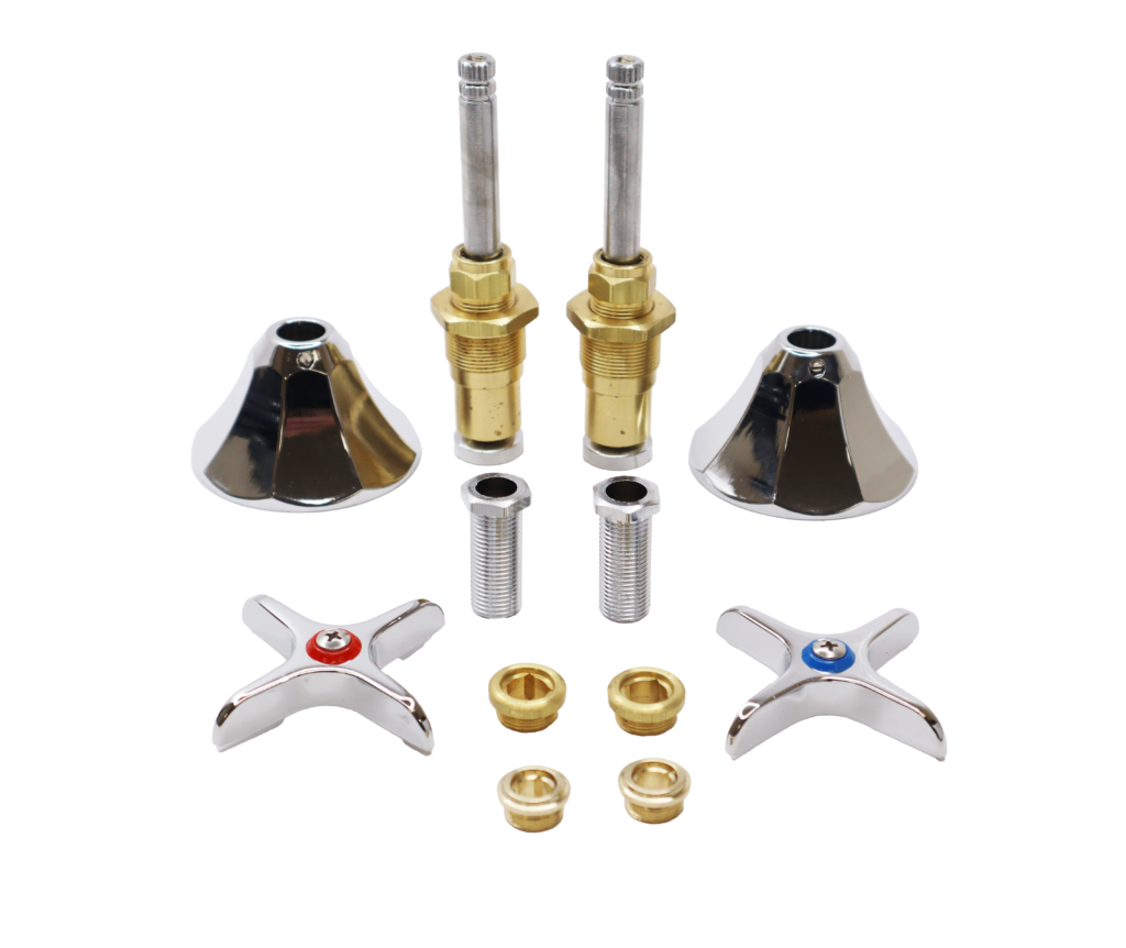 Chrome plated handles and escuteons with brass stems and faucet seats.