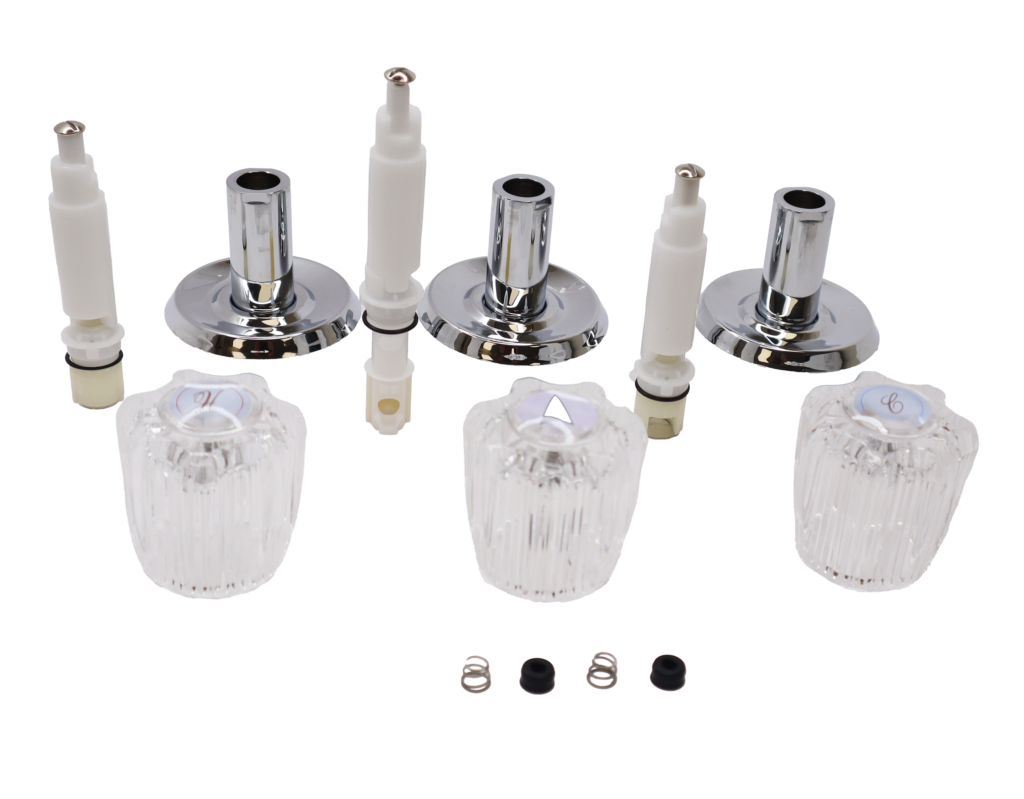 Clear acrylic handles with white plastic stems and polished chrome escutcheons and tubes.