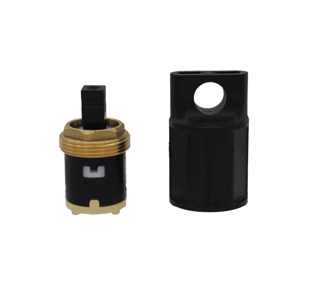 Brown and tan plastic cartridge with brass nut and plastic removal tool.