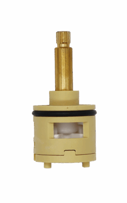 Tan plastic cartridge with brass stem black rubber o-ring white ceramic discs and blue rubber seals
