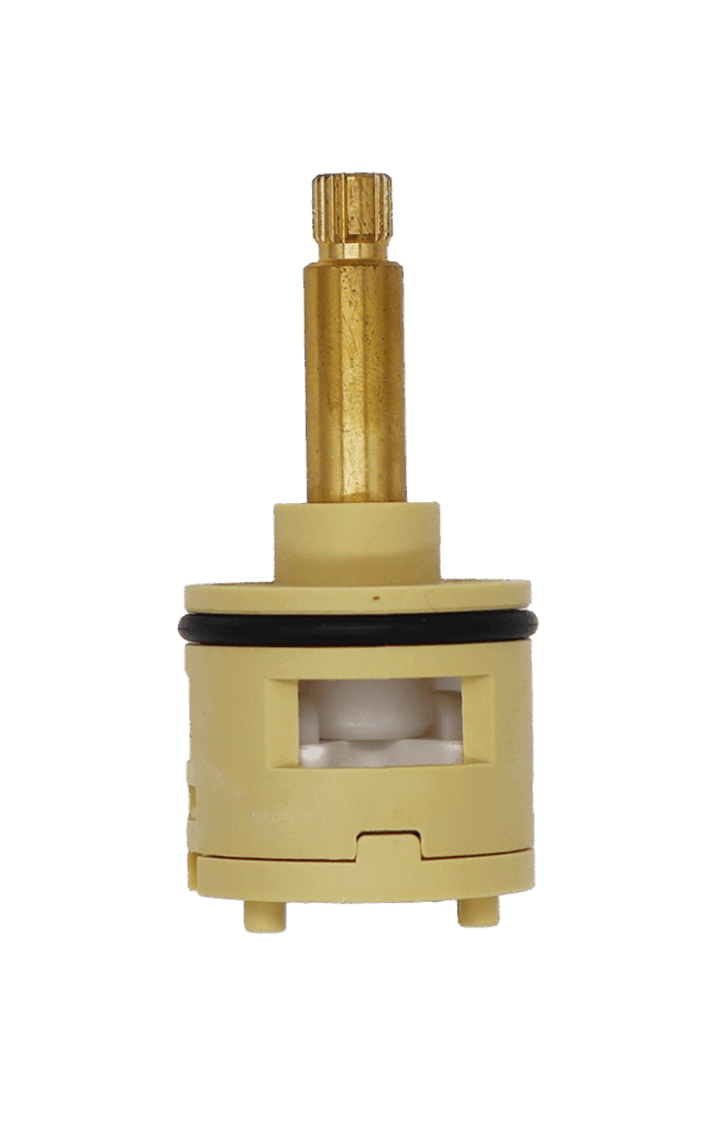 Tan plastic cartridge with brass stem black rubber o-ring white ceramic discs and blue rubber seals