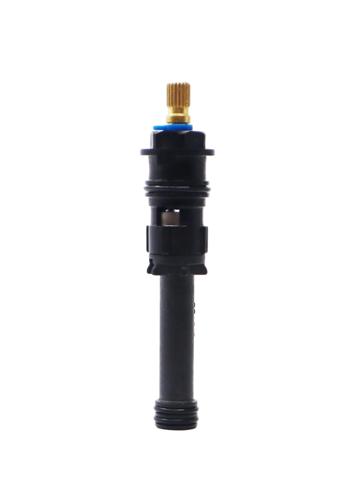 Black plastic cartridge with brass stem blue index and black rubber o-rings.
