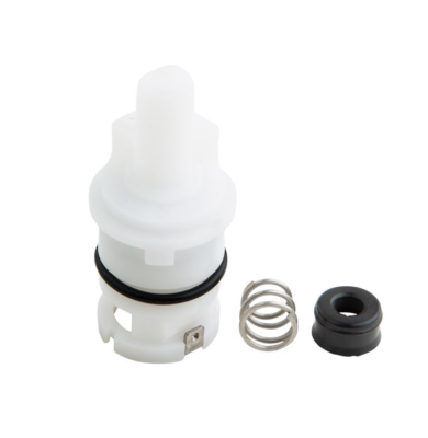 White plastic cartridge with black rubber washer and o-ring and stainless spring and bottom.