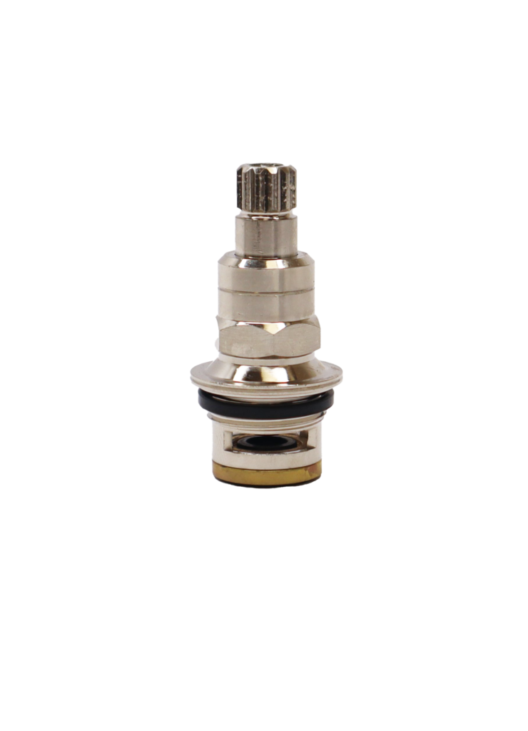 Polished chrome cartridge with brass bottom ruber washer and black rubber o-ring.