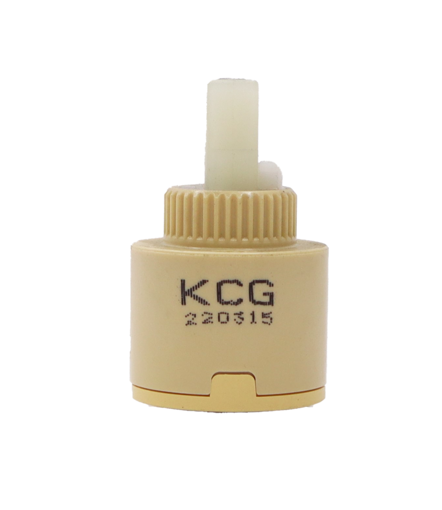 Tan plastic cartridgw with white square handle connection white limit stop and grey rubber seal.