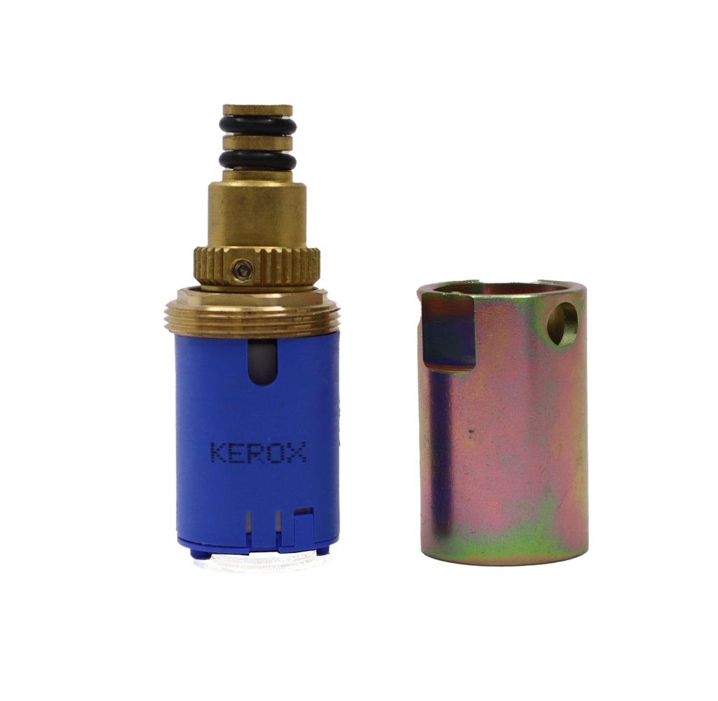 Blue plastic cartridge with brass top with black rubber o-rings and seals with metal cartridge tool.