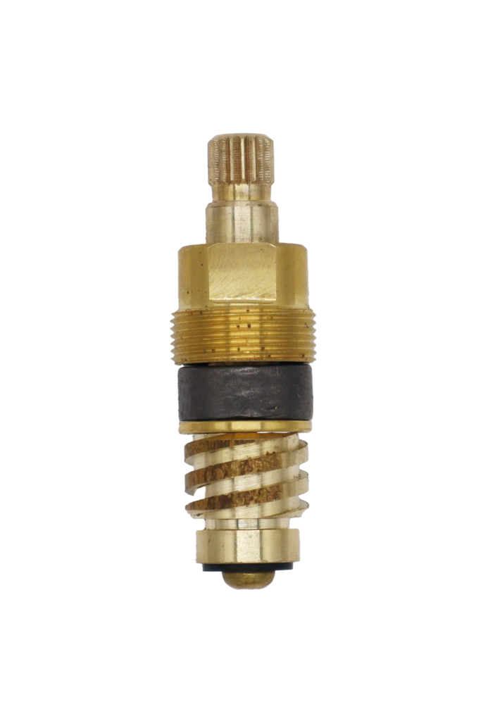 Bright brass stem with graphite packing black rubber washer and brass screw.