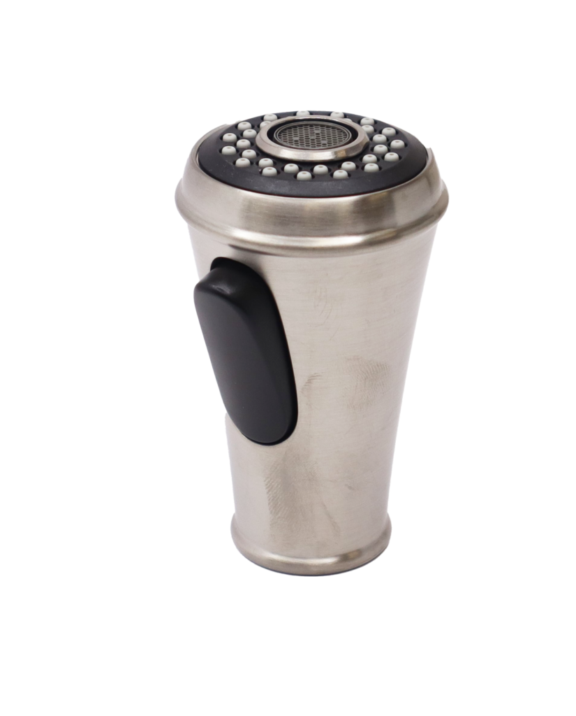 Stainless steel spray head with black dual function button and balc and grey spray face.