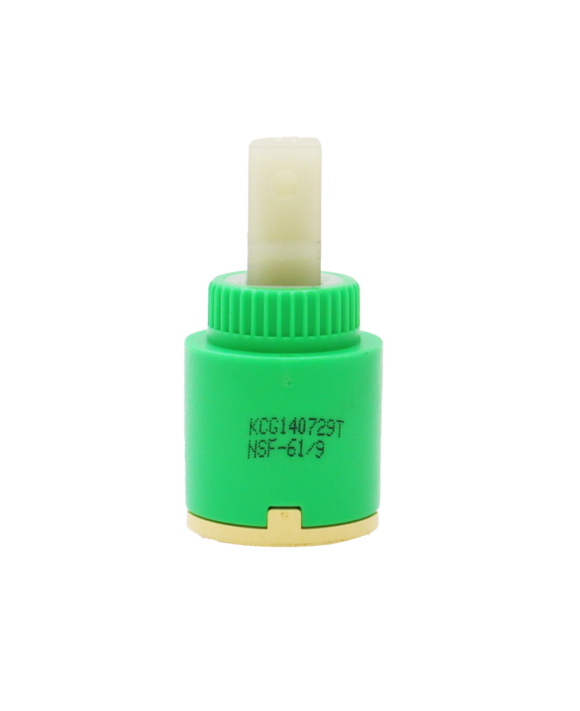 Lime green and tan plastic cartridge with square handle connection and rubber bottom seal.