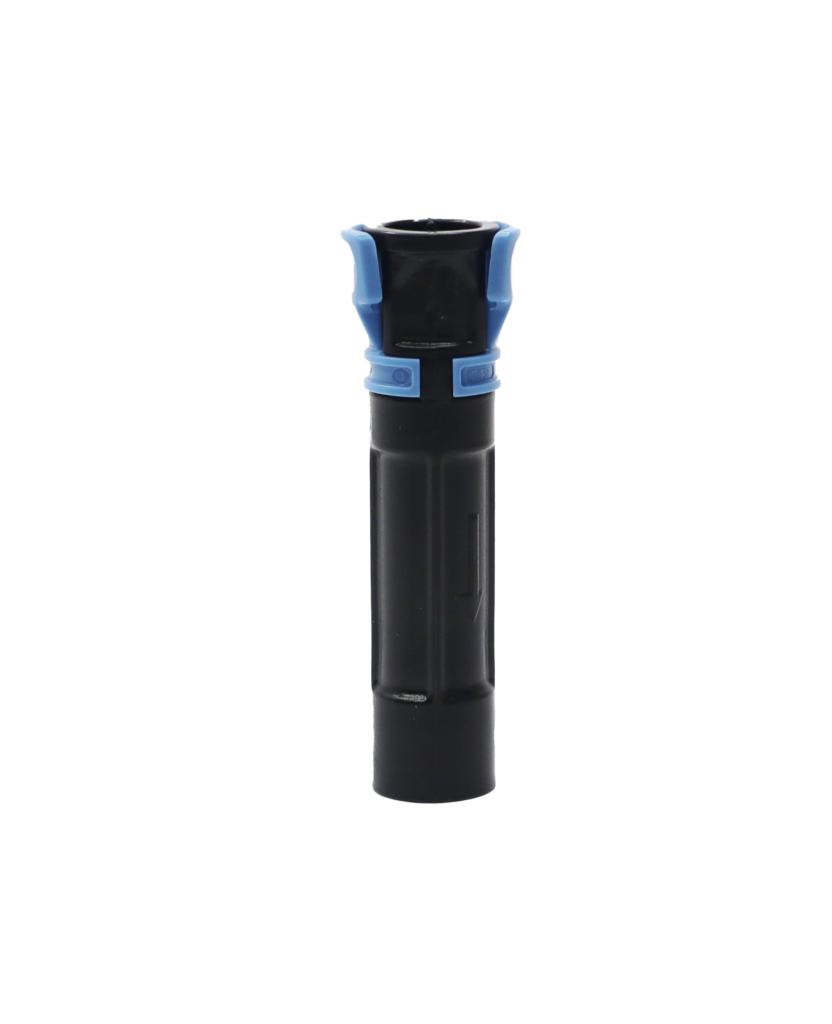 Black plastic quick connect with light blue clips.