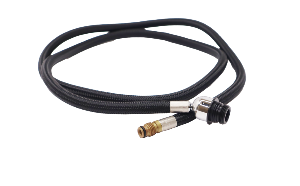 Black braided nylon hose with black plastic handle connection and brass faucet connection.