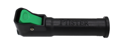 Black plastic quick connect with green release tab.