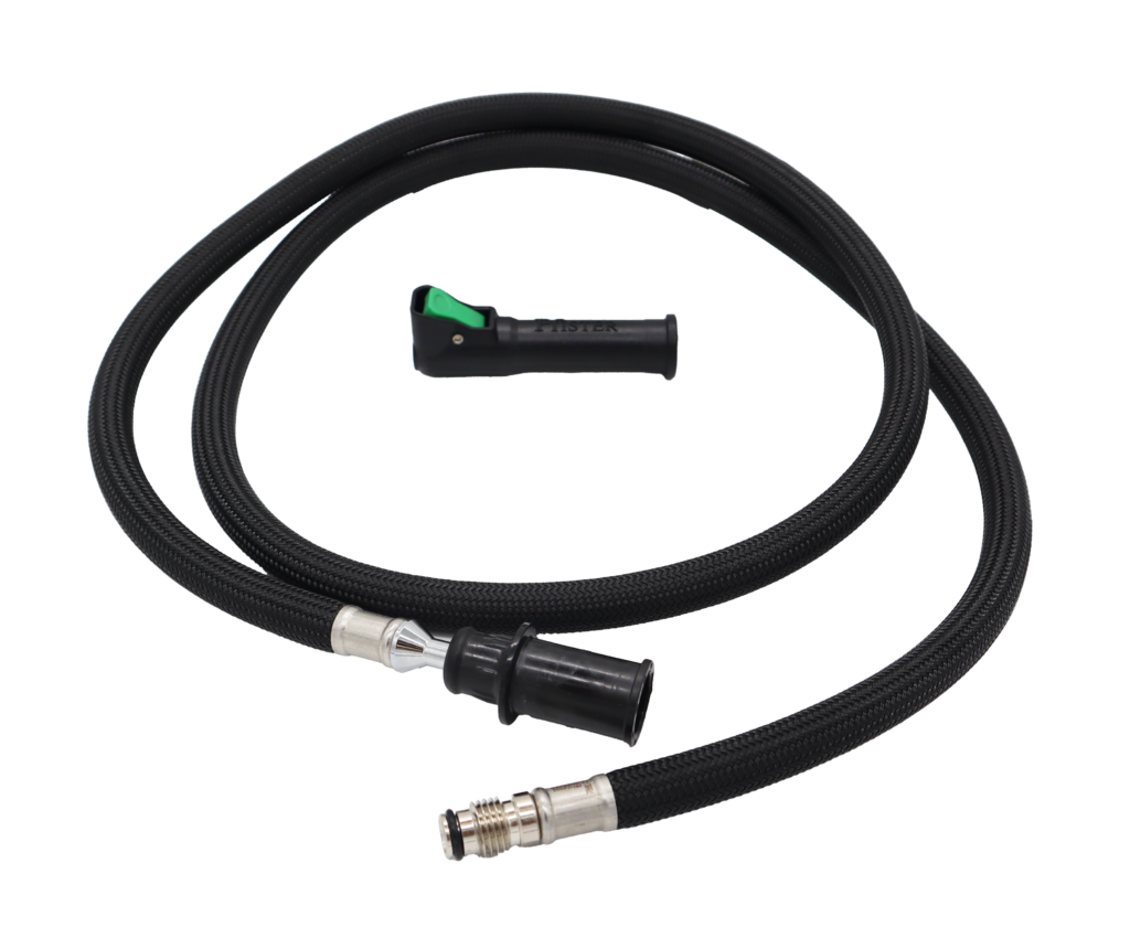 Black braided hose with plastic spray head connection polished chrome threaded connection and black and green quick connect.