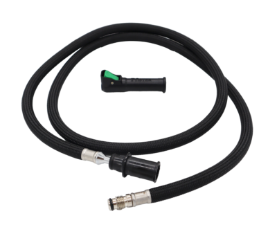 Black braided hose with plastic spray head connection polished chrome threaded connection and black and green quick connect.