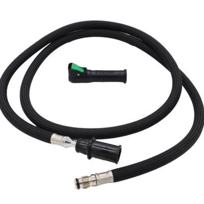 Black braided hose with plastic spray head connection polished chrome threaded connection and black and green quick connect.