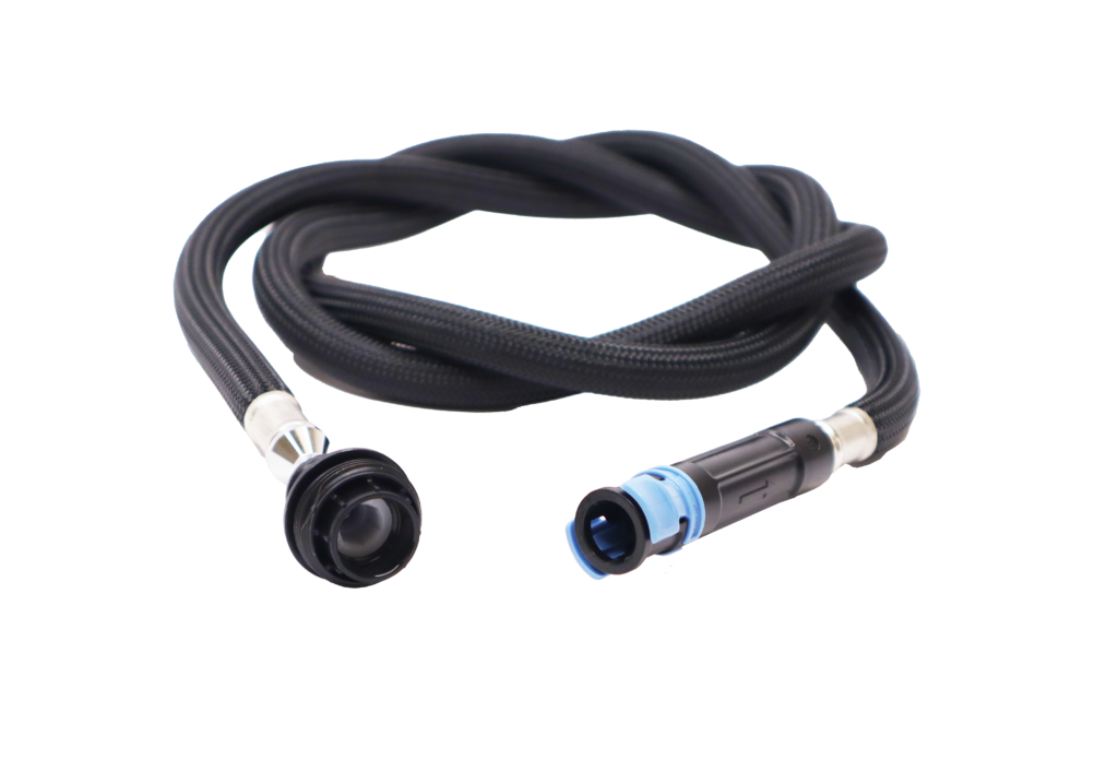 Black braided nylon hose with black plastic threaded sprayhead connection with black plastic quick connect faucet connection.