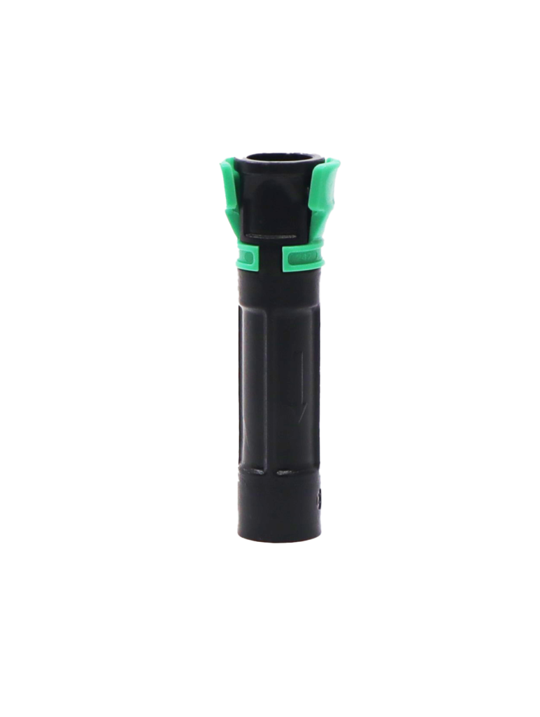 Black plastic hose quick connect with green release tab.