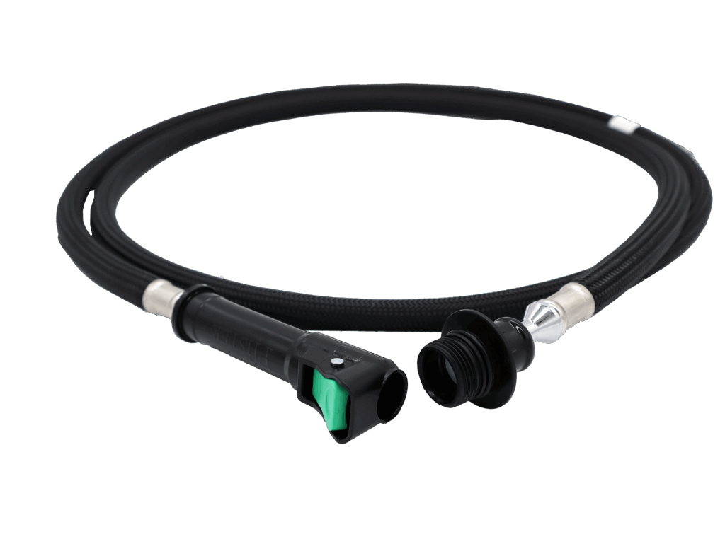 Black braided nylon hose with black plastic connections and green quick connect release.