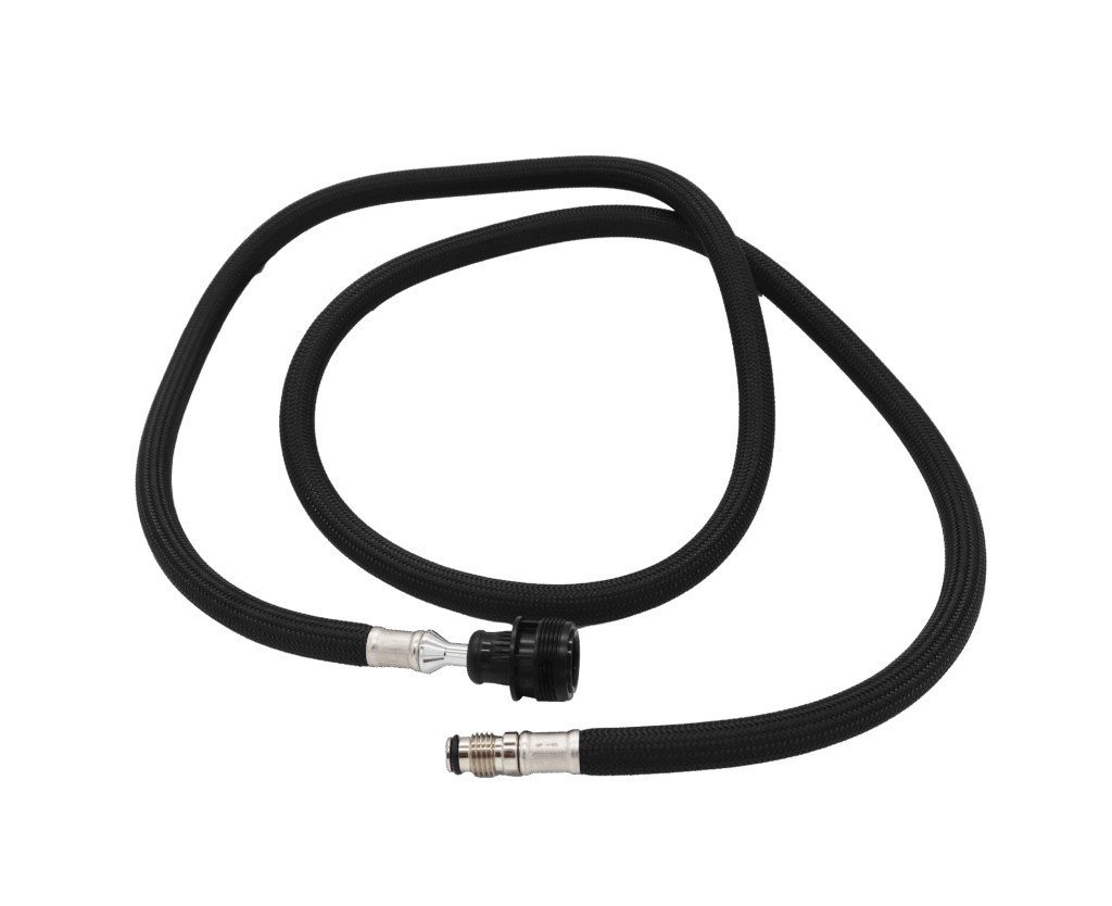 Black braided nylon hose with black plastic threaded sprayhead connection adn polished chrome threaded faucet connection.