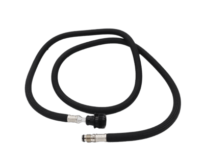 Black braided nylon hose with black plastic threaded sprayhead connection adn polished chrome threaded faucet connection.